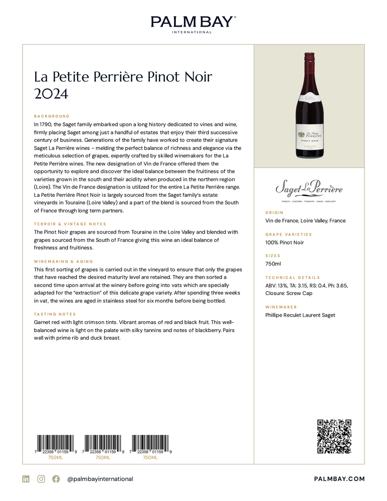 Saget La Perrière La Petite Perrière Pinot Noir 2024 - Tech Sheet