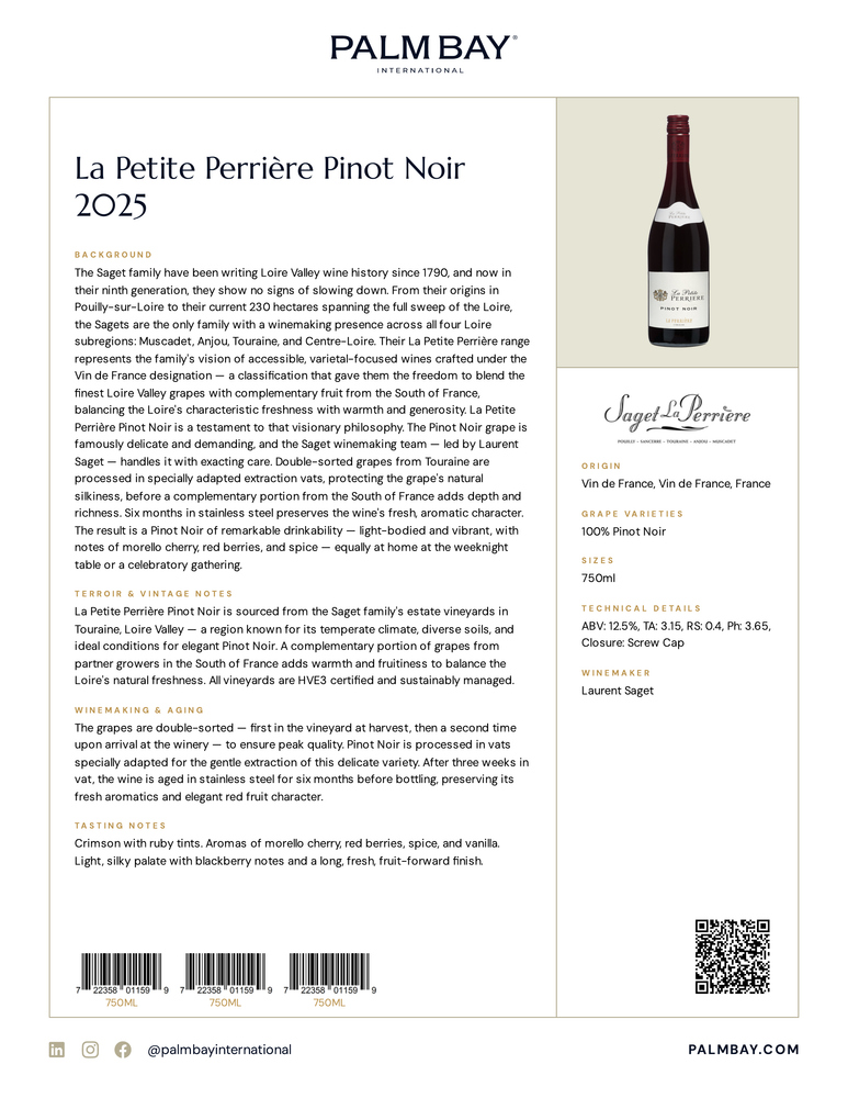 Saget La Perrière La Petite Perrière Pinot Noir 2025 - Tech Sheet