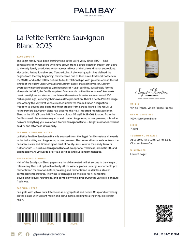 Saget La Perrière La Petite Perrière Sauvignon Blanc 2025 - Tech Sheet