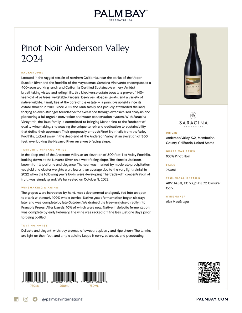 Saracina Vineyards Pinot Noir Anderson Valley 2024 - Tech Sheet
