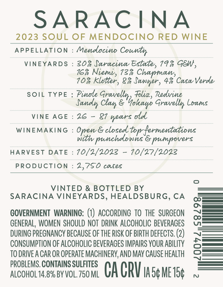 Saracina Vineyards Soul Of Mendocino 2023 - Back Label