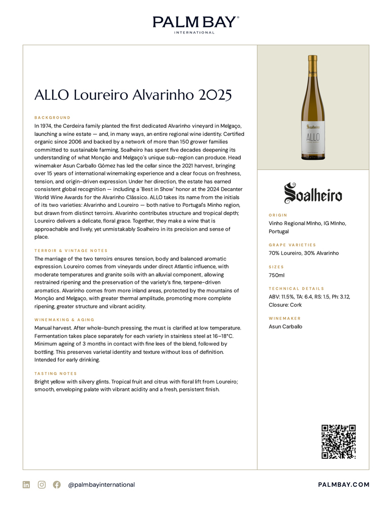 Soalheiro ALLO Loureiro Alvarinho 2025 - Tech Sheet