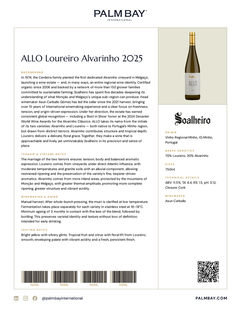 Soalheiro ALLO Loureiro Alvarinho 2025 - Tech Sheet