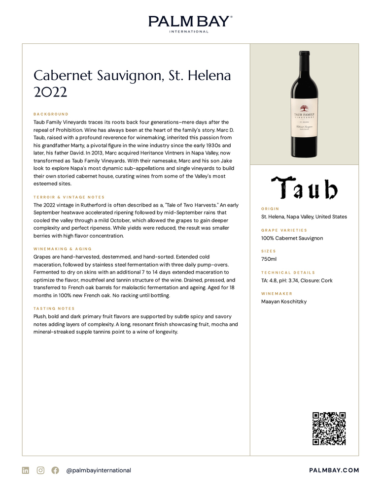 Taub Cabernet Sauvignon, St. Helena 2022 - Tech Sheet