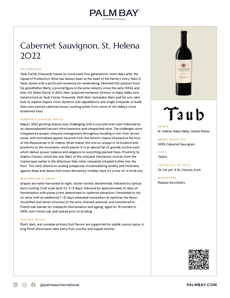 Taub Cabernet Sauvignon, St. Helena 2022 - Tech Sheet