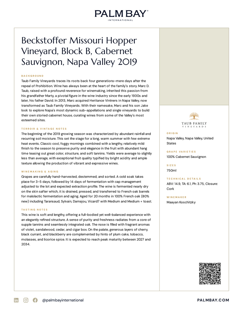 Taub Family Vineyards Beckstoffer Missouri Hopper Vineyard, Block B, Cabernet Sauvignon, Napa Valley 2019 - Tech Sheet