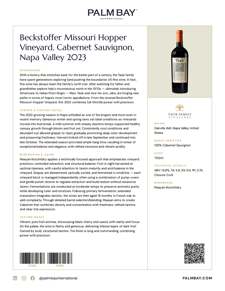 Taub Family Vineyards Beckstoffer Missouri Hopper Vineyard, Cabernet Sauvignon, Napa Valley 2023 - Tech Sheet