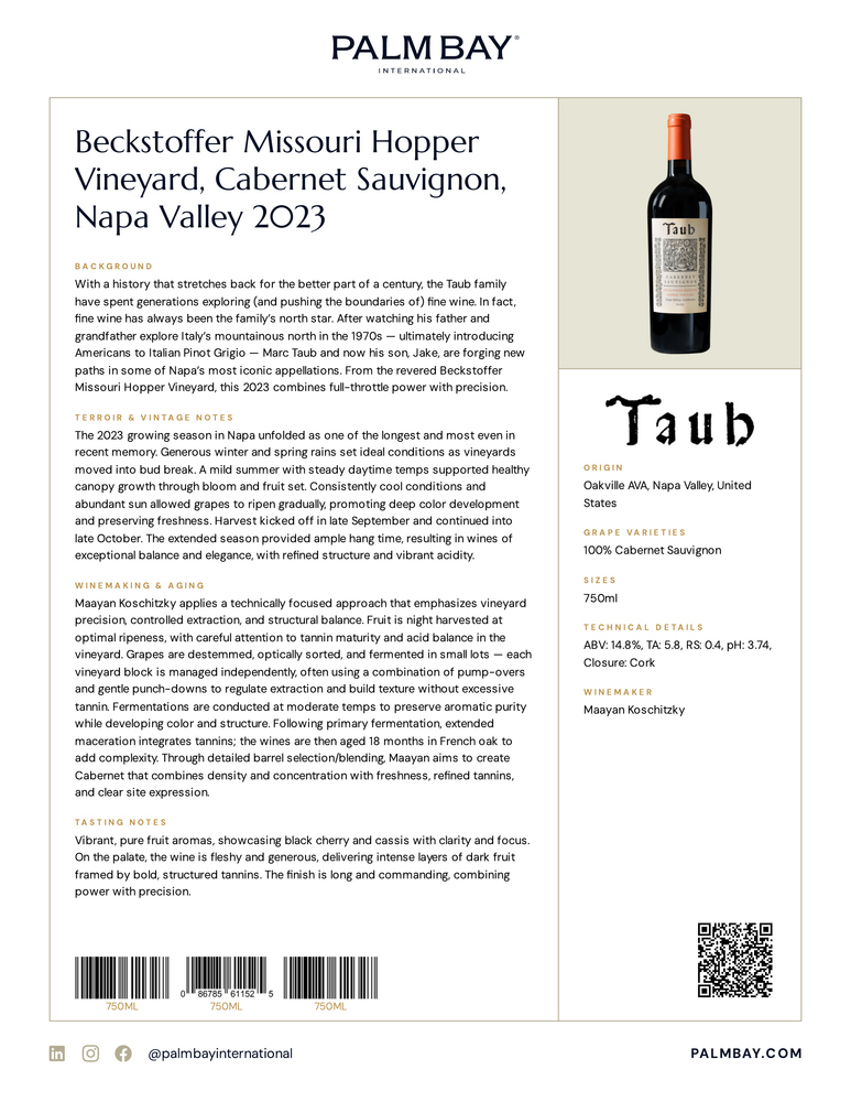 Taub Beckstoffer Missouri Hopper Vineyard, Cabernet Sauvignon, Napa Valley 2023 - Tech Sheet