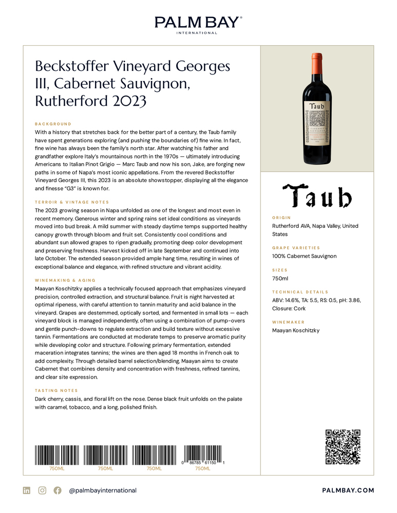 Taub Beckstoffer Vineyard Georges III, Cabernet Sauvignon, Rutherford 2023 - Tech Sheet