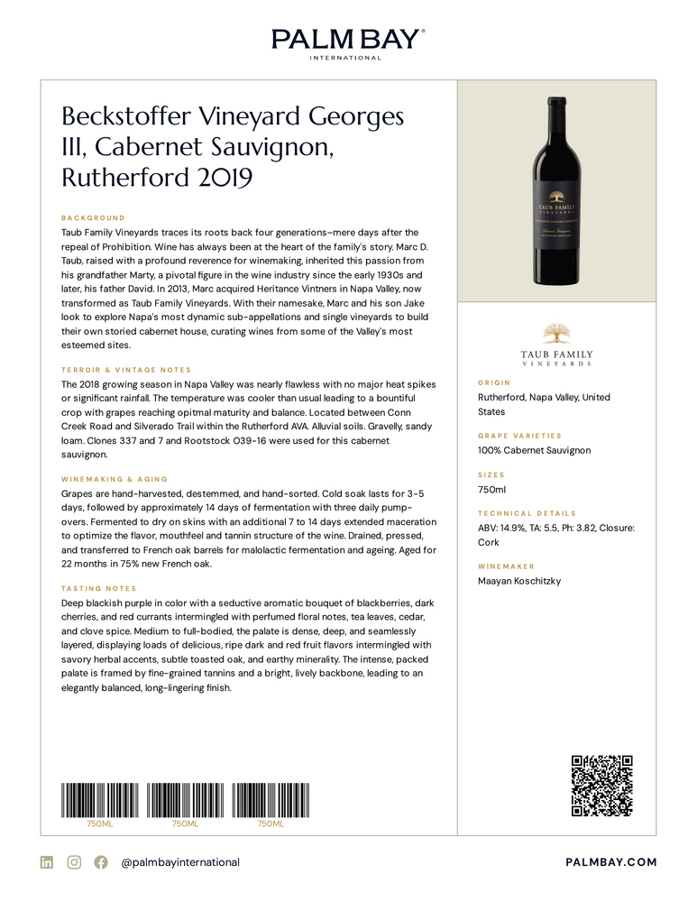 Taub Family Vineyards Beckstoffer Vineyard Georges III, Cabernet Sauvignon, Rutherford 2019 - Tech Sheet