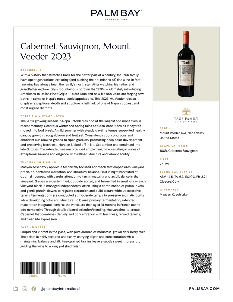 Taub Family Vineyards Cabernet Sauvignon, Mount Veeder 2023 - Tech Sheet
