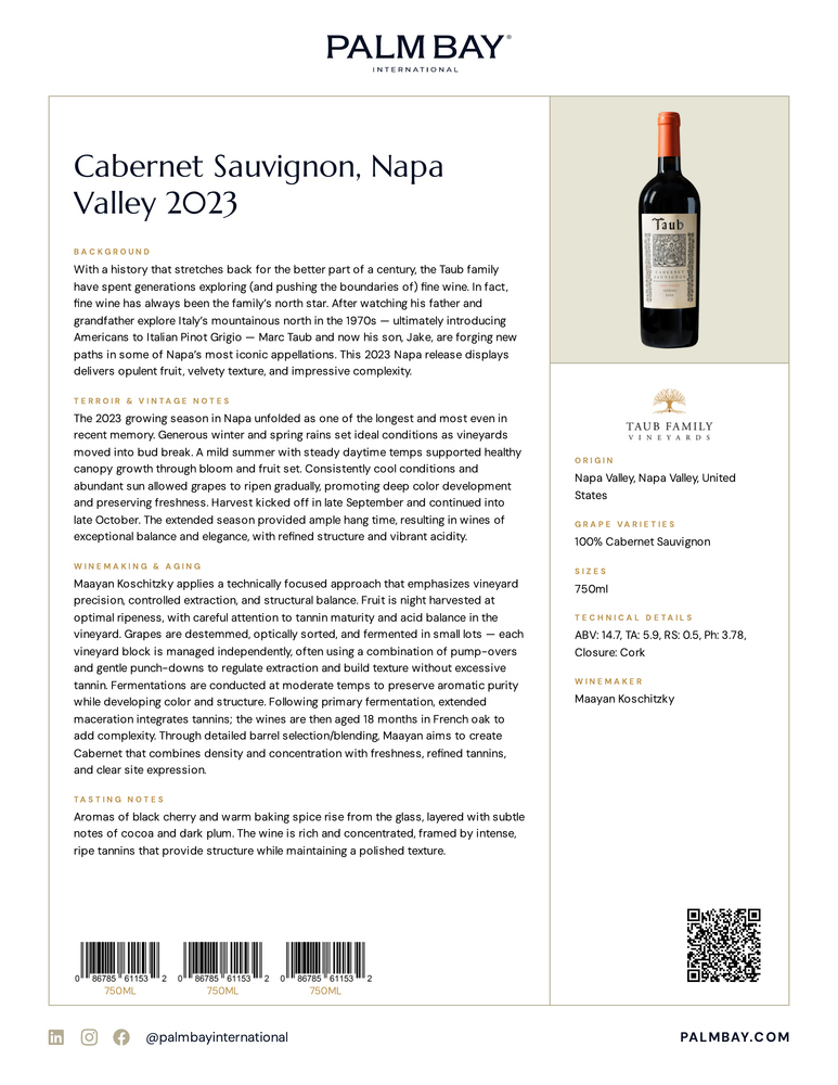 Taub Family Vineyards Cabernet Sauvignon, Napa Valley 2023 - Tech Sheet