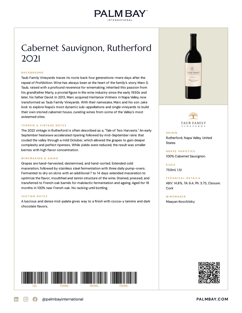 Taub Family Vineyards Cabernet Sauvignon, Rutherford 2021 - Tech Sheet