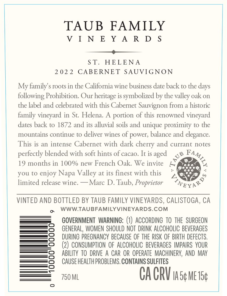 Taub Family Vineyards Cabernet Sauvignon, St. Helena 2022 - Back Label
