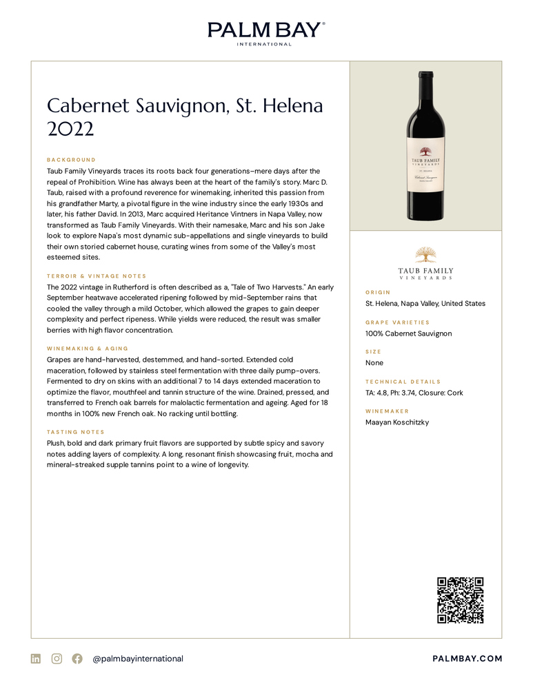 Taub Family Vineyards Cabernet Sauvignon, St. Helena 2022 - Tech Sheet