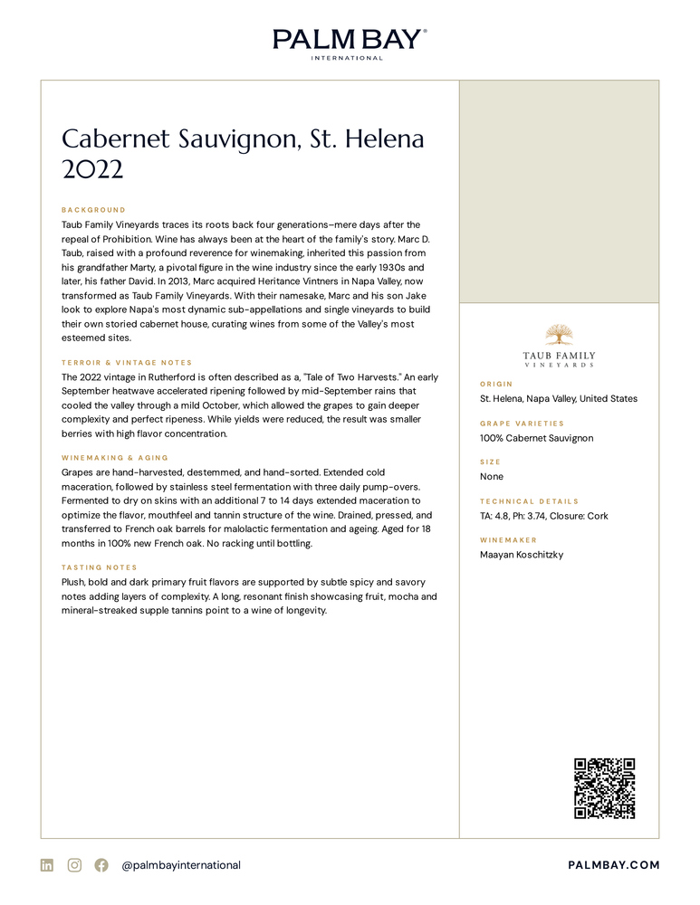 Taub Family Vineyards Cabernet Sauvignon, St. Helena 2022 - Tech Sheet