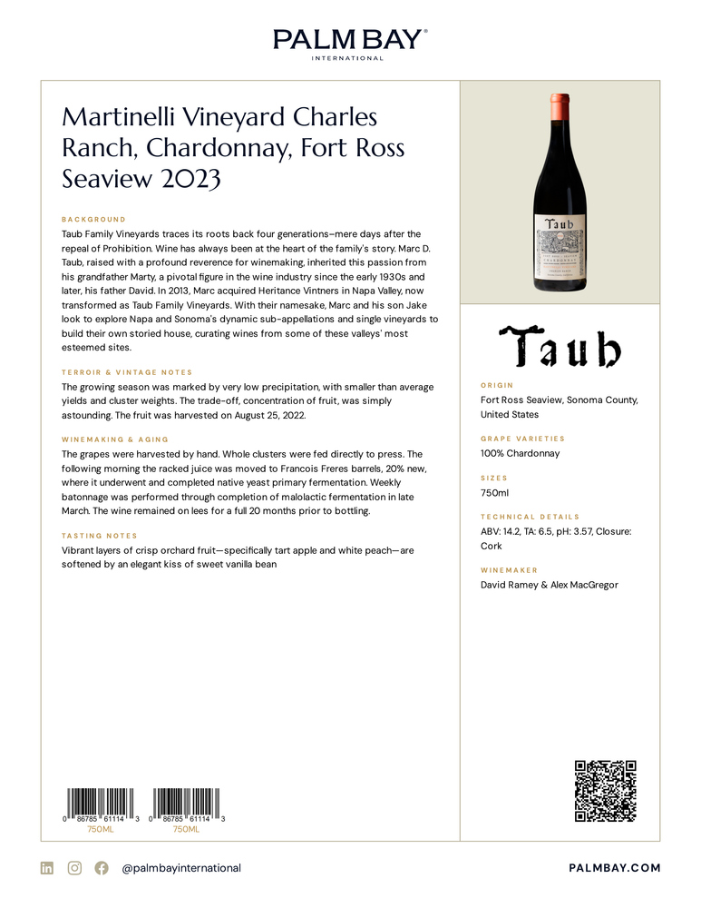 Taub Martinelli Vineyard Charles Ranch, Chardonnay, Fort Ross Seaview 2023 - Tech Sheet