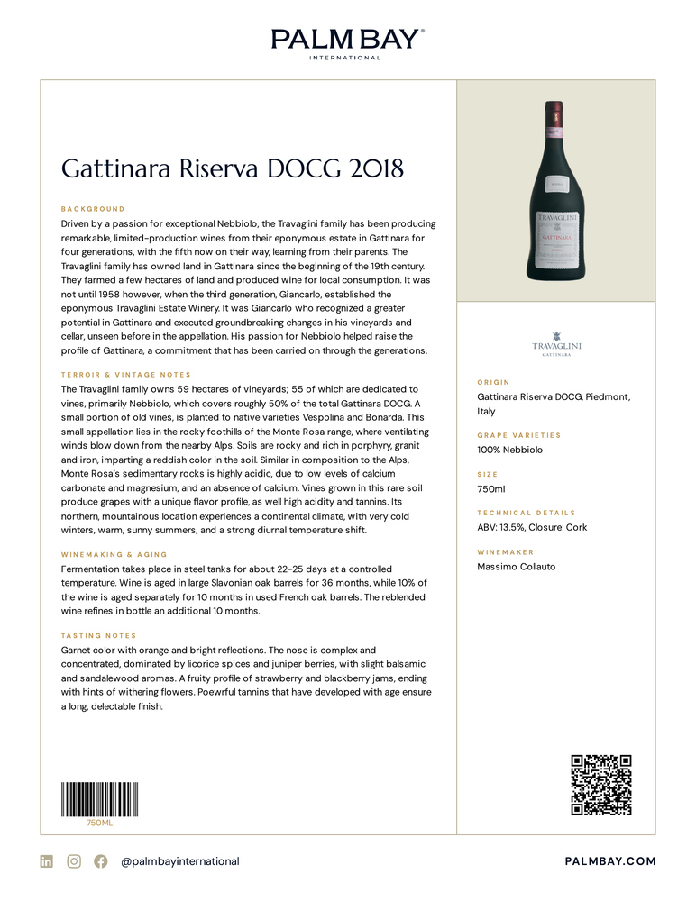 Travaglini Gattinara Riserva DOCG 2018 - Tech Sheet