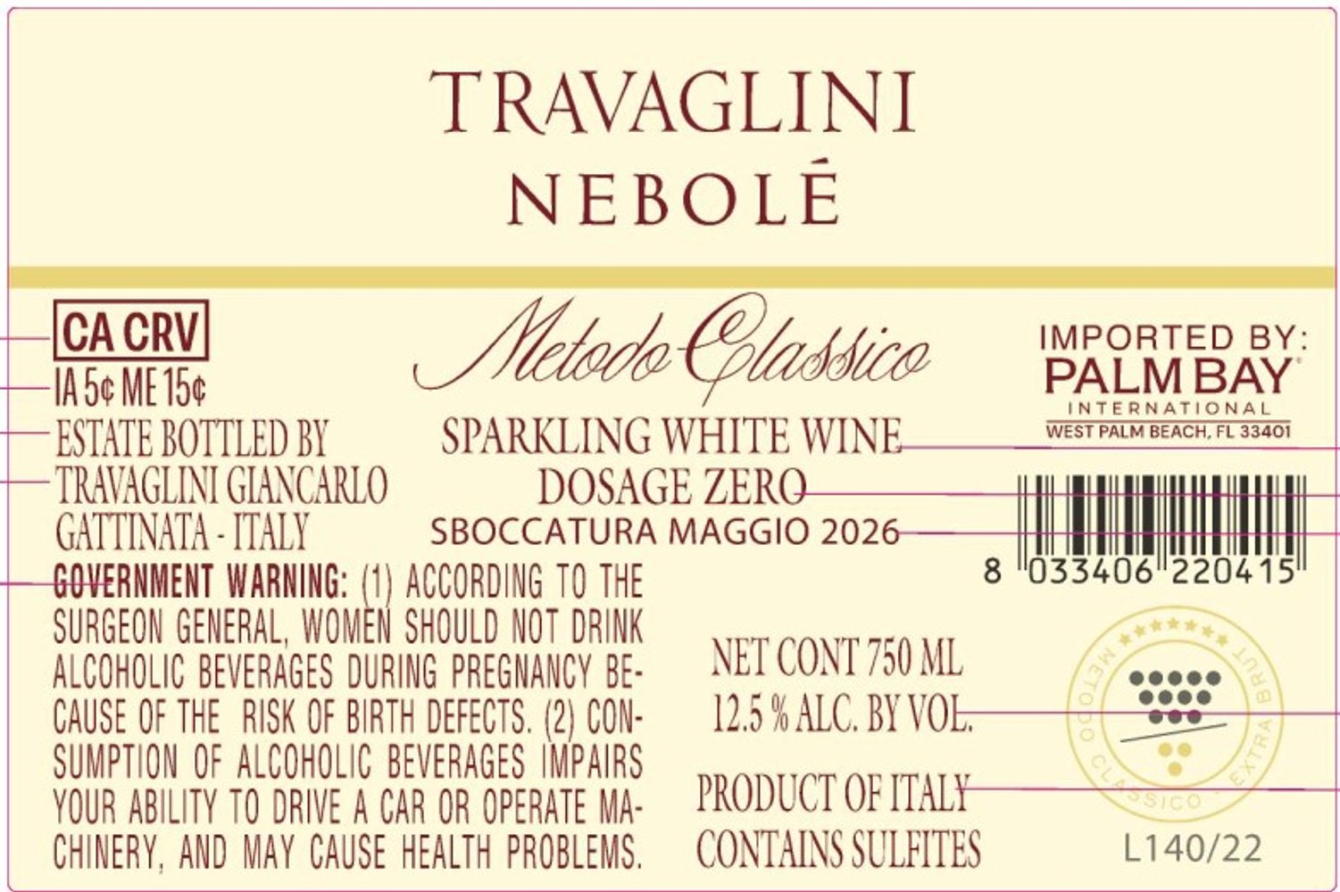 Travaglini Nebolè Riserva Spumante Metodo Classico 2017 - Back Label