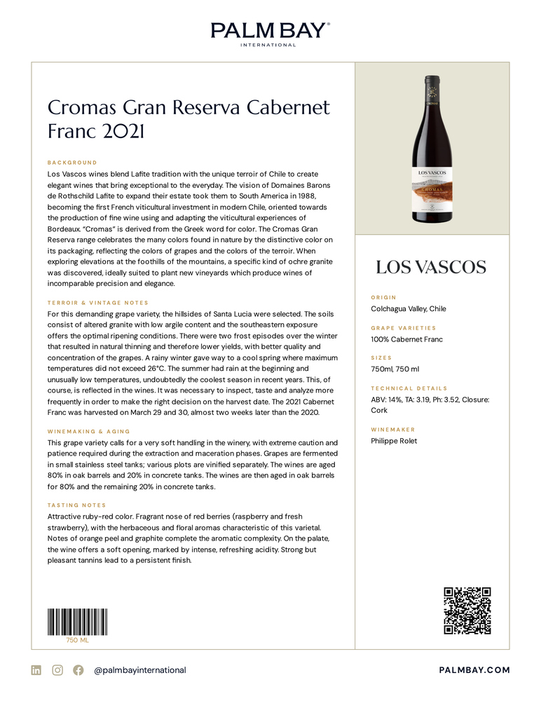 Viña Los Vascos Cromas Gran Reserva Cabernet Franc 2021 - Tech Sheet