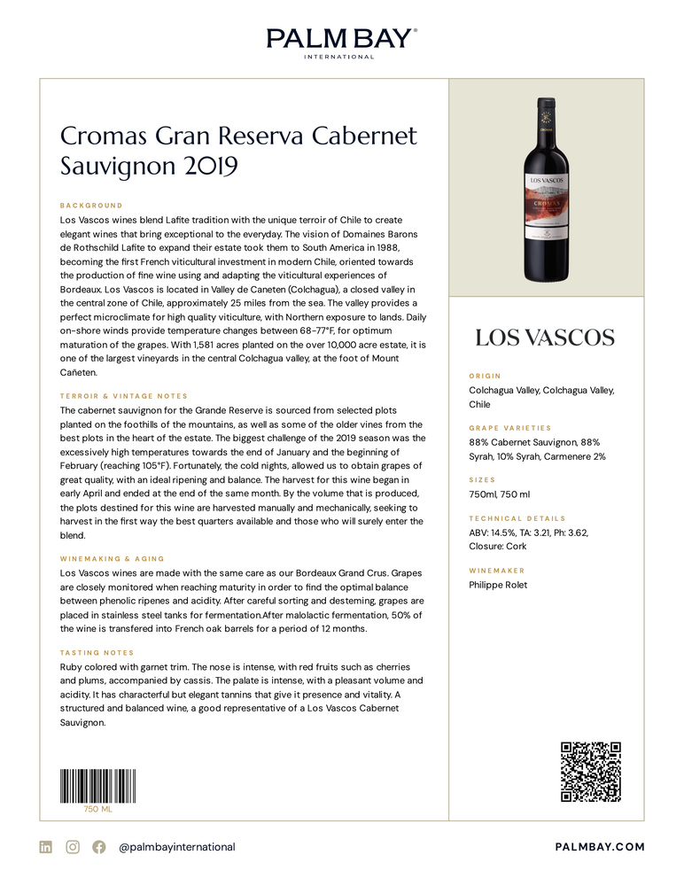 Viña Los Vascos Cromas Gran Reserva Cabernet Sauvignon 2019 - Tech Sheet