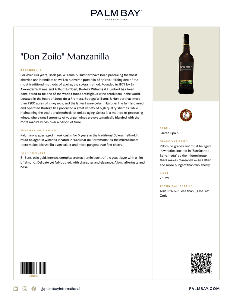 Williams & Humbert Sherries "Don Zoilo" Manzanilla - Tech Sheet