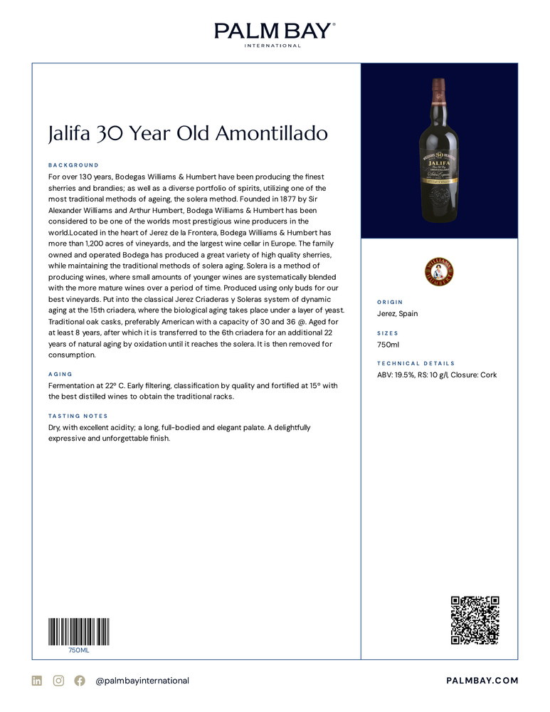 Williams & Humbert Sherries Jalifa 30 Year Old Amontillado - Tech Sheet