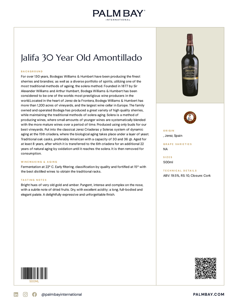 Williams & Humbert Sherries Jalifa 30 Year Old Amontillado - Tech Sheet