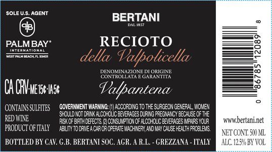 Bertani Recioto della Valpolicella Valpantena DOCG 2023 - Back Label