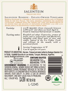 Bodegas Salentein Reserve Malbec 2024 - Back Label