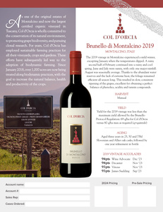 Col d'Orcia 2019 Brunello_2016 Poggio_PreSell Sell Sheet