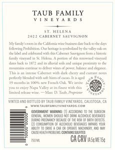 Taub Family Vineyards Cabernet Sauvignon, St. Helena 2022 - Back Label