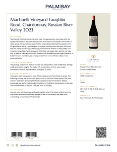 Taub Family Vineyards Martinelli Vineyard Laughlin Road, Chardonnay, Russian River Valley 2023 - Tech Sheet