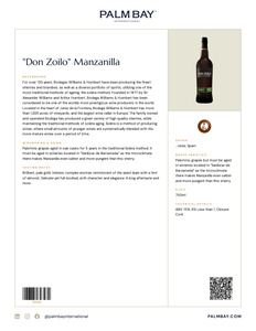 Williams & Humbert Sherries "Don Zoilo" Manzanilla - Tech Sheet